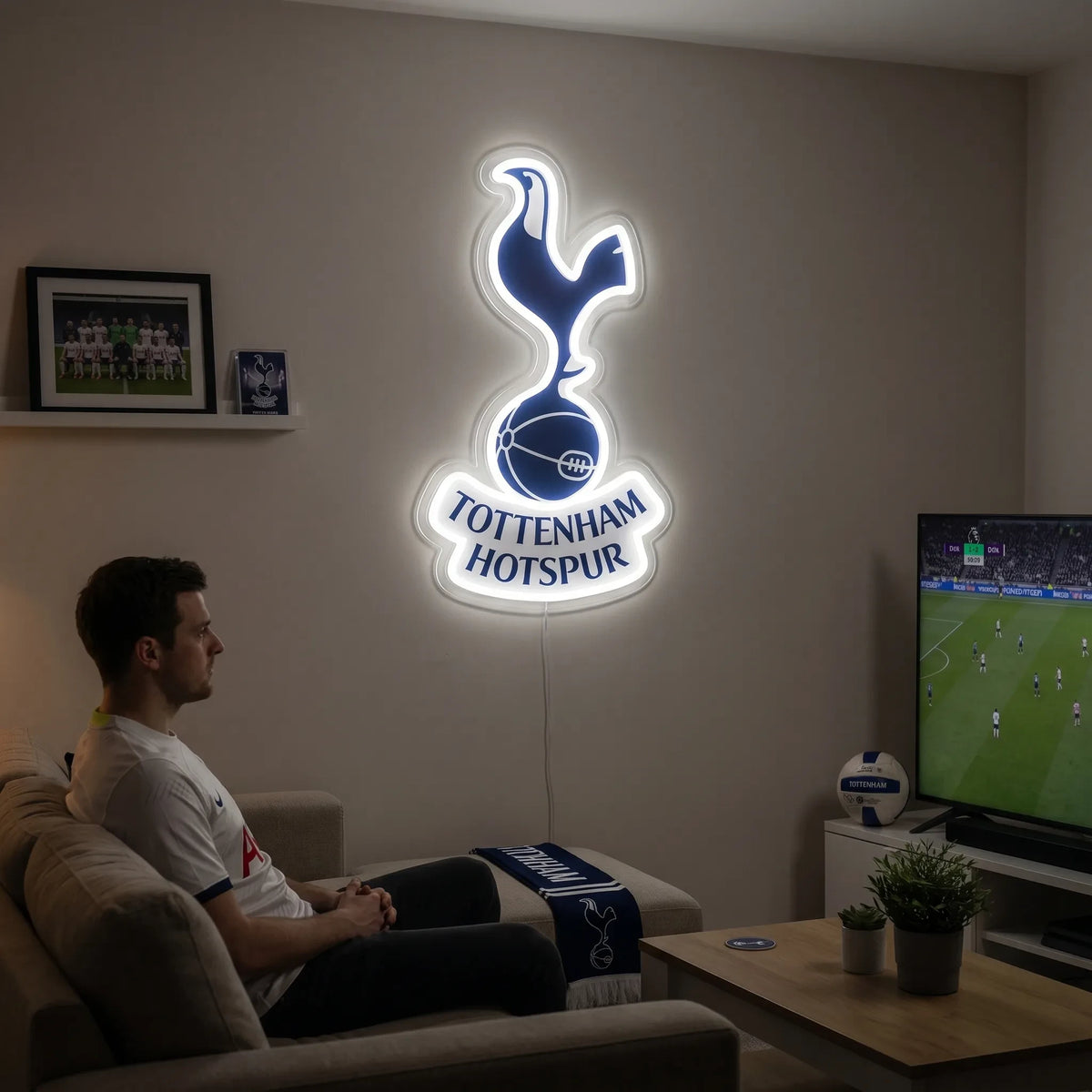 Tottenham Hotspur FC LED Neon Sign mounted on a bedroom wall as gaming room and fan cave decor