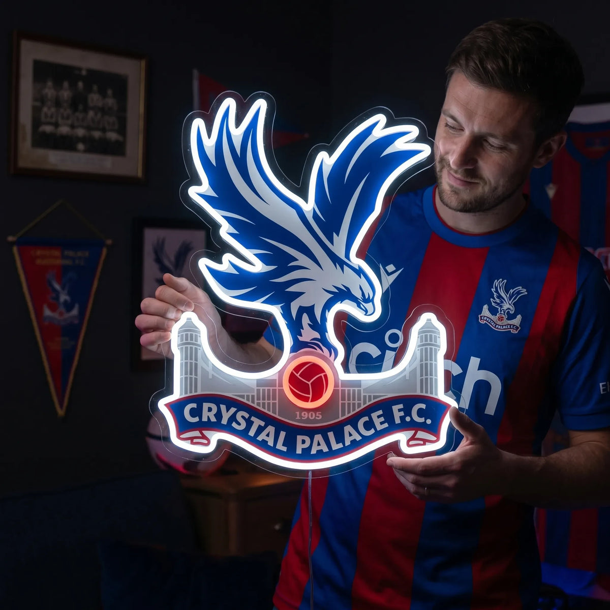 Show your Eagles pride with a premium Crystal Palace FC LED Neon Sign. High-quality football crest wall light, perfect for your bedroom, gaming room, or fan cave.