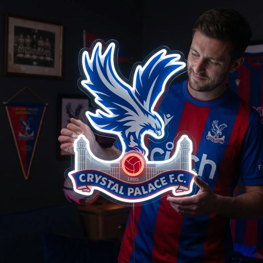 Show your Eagles pride with a premium Crystal Palace FC LED Neon Sign. High-quality football crest wall light, perfect for your bedroom, gaming room, or fan cave.