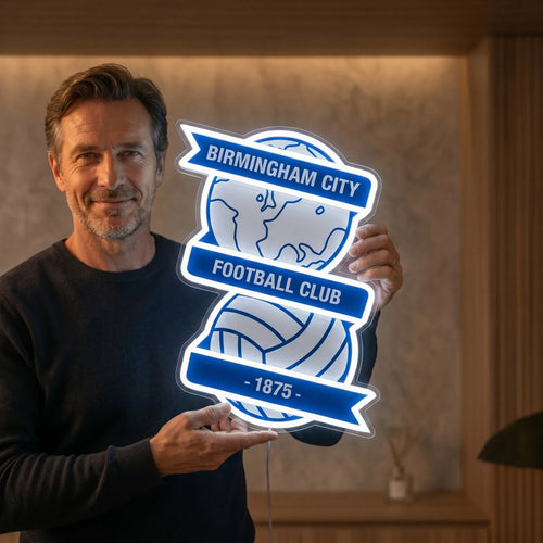 Birmingham City FC LED Neon Sign lighted up on a wall for room decor