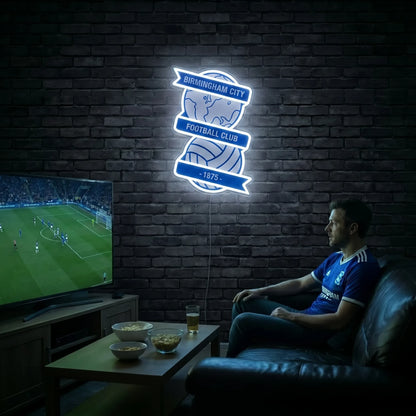 Birmingham City FC LED Neon Sign lighted up on a wall for room decor