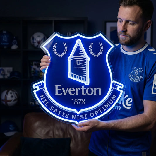 Everton FC LED Neon Sign lighted up on a wall for room decor