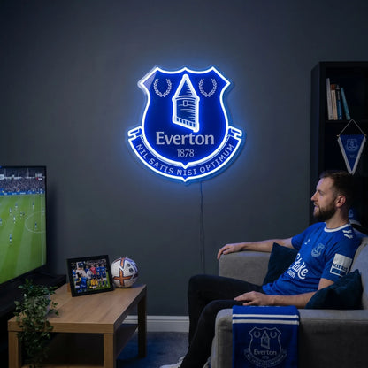 Everton FC LED Neon Sign lighted up on a wall for room decor