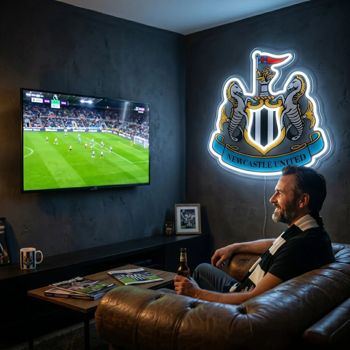 Newcastle United FC LED Neon Sign lighted up on a wall for room decor