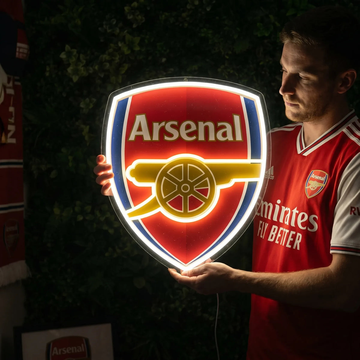 Arsenal FC LED Neon Sign lighted up on a wall for room decor