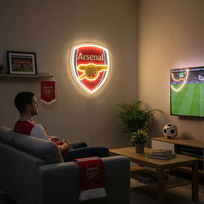 Arsenal FC LED Neon Sign lighted up on a wall for room decor