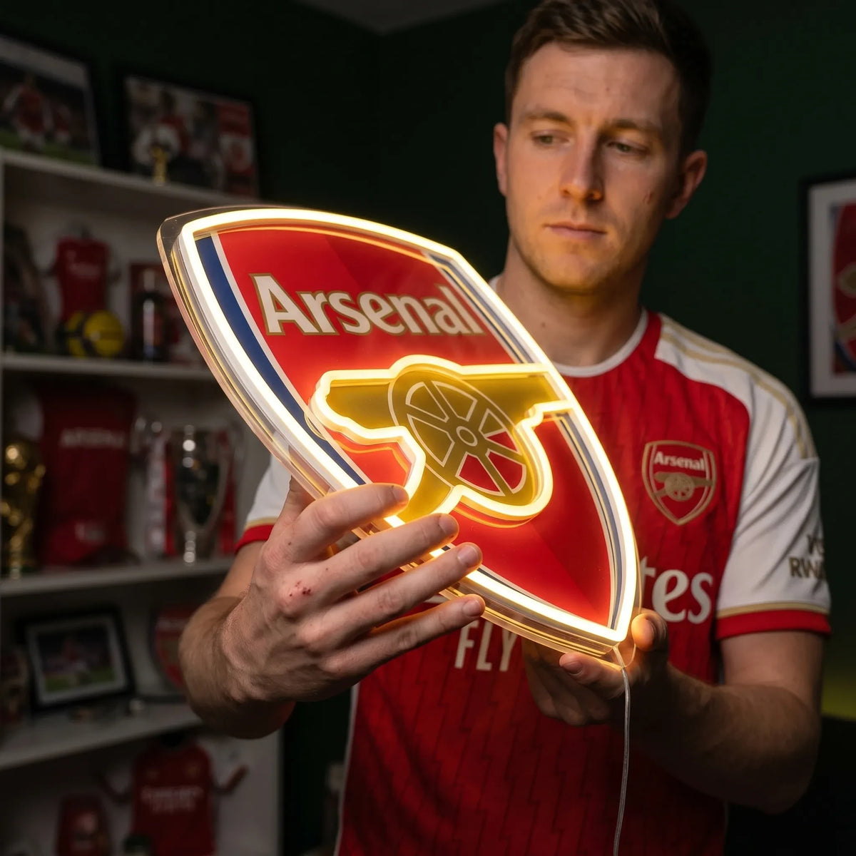 Arsenal FC LED Neon Sign lighted up on a wall for room decor