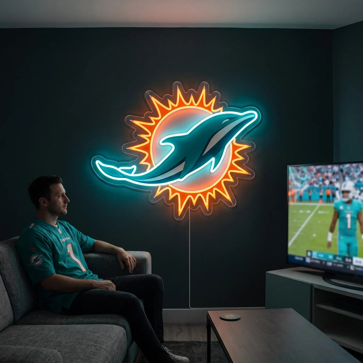 A man holding a large custom-shaped Miami Dolphins NFL football team logo LED neon sign featuring the leaping teal dolphin silhouette in front of an orange sunburst design glowing in vibrant aqua blue and bright orange light