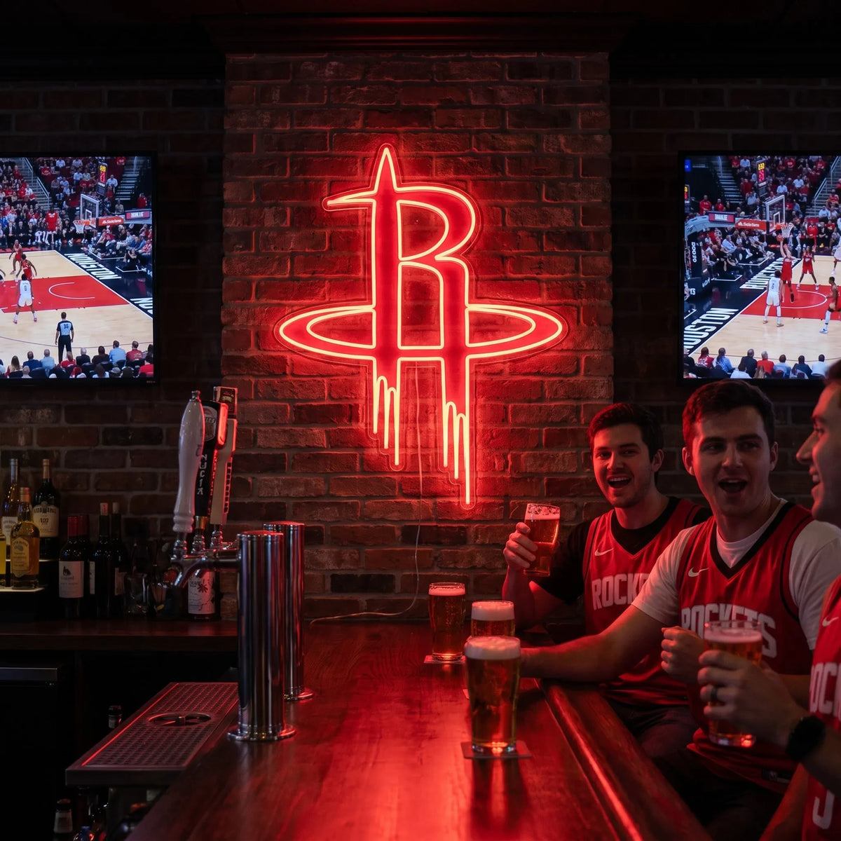 A smiling woman holding a large glowing red Houston Rockets NBA basketball team R logo LED neon sign